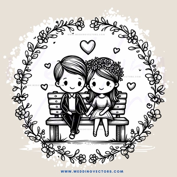 a couple sitting on a bench with a wreath around them