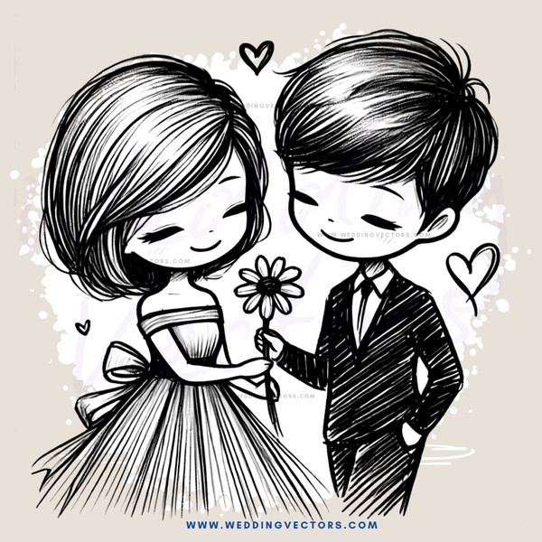 a girl and boy holding flowers with hearts in between them