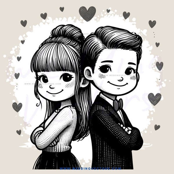 young couple posing together with hearts behind them