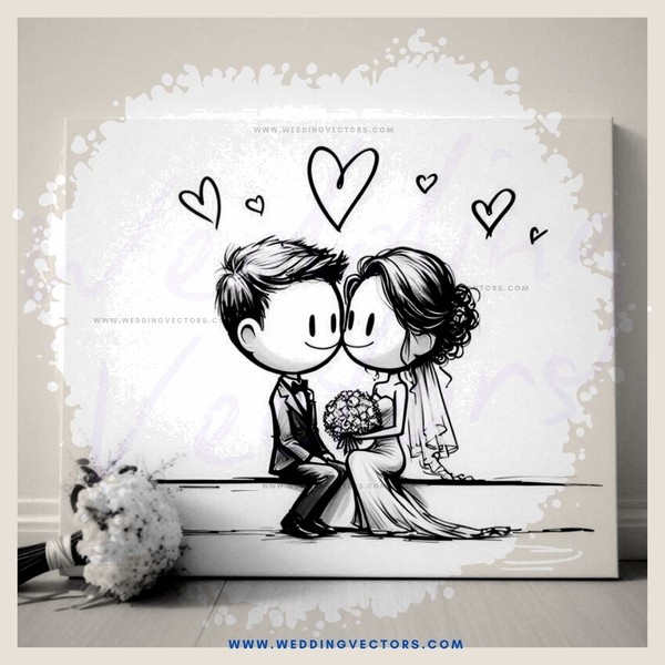 a wedding portrait with a teddy bear at the bottom