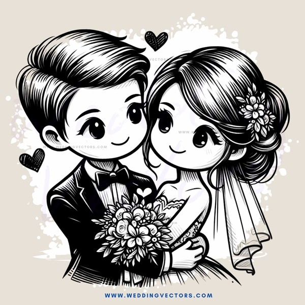 a bride and groom holding flowers and looking at each other
