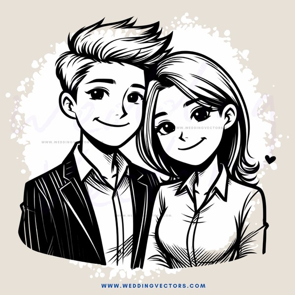 a couple's happy face with black and white outline