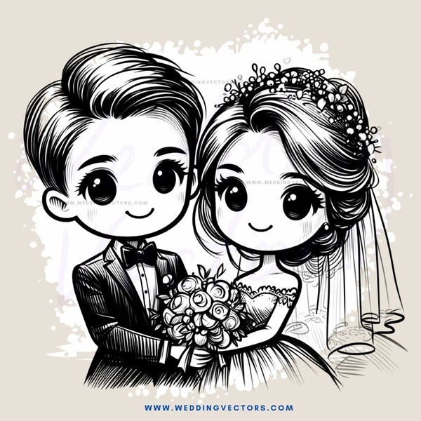 cartoon wedding couple holding flowers