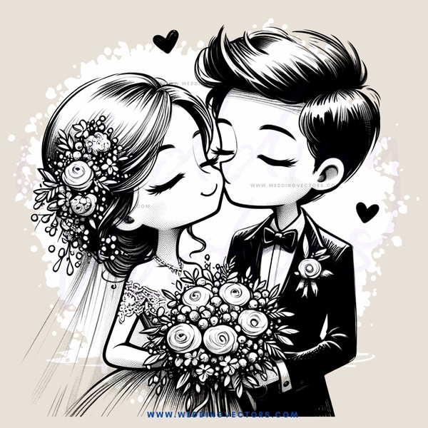 bride and groom kissing in black and white