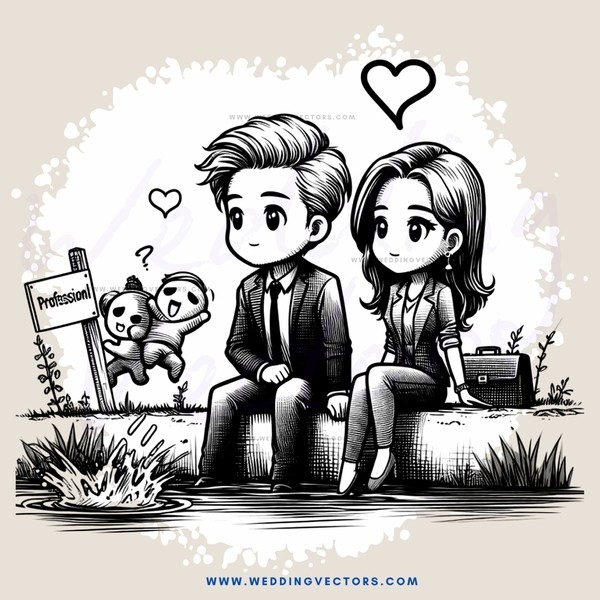 couple in black and white cartoon with baby bear