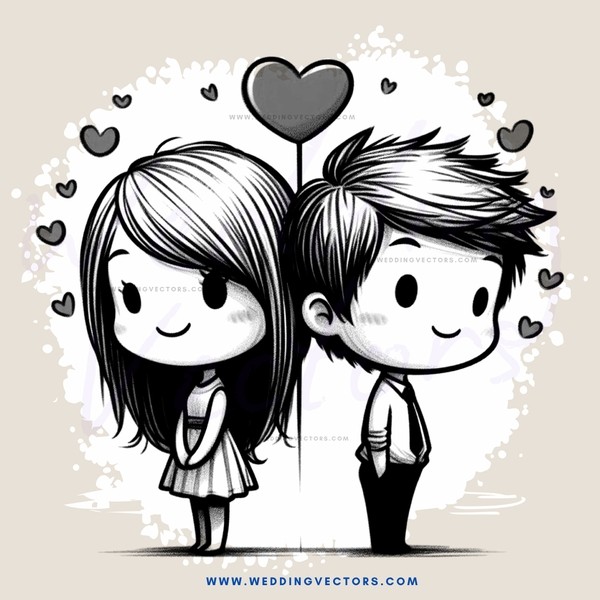 a boy and girl standing together with hearts around them