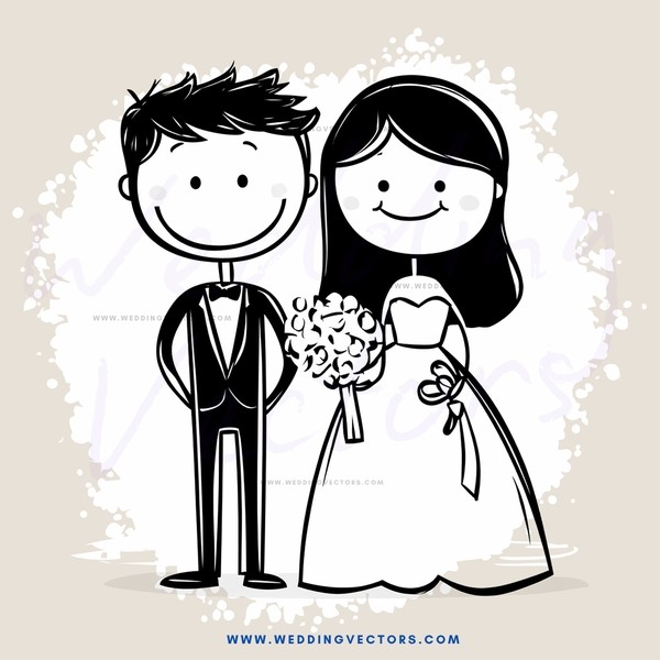bride and groom in black and white cartoon illustration