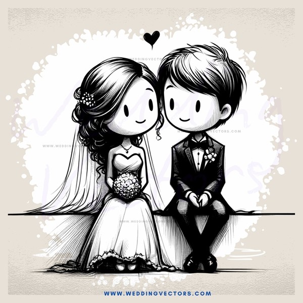 wedding bride and groom in black and white illustration