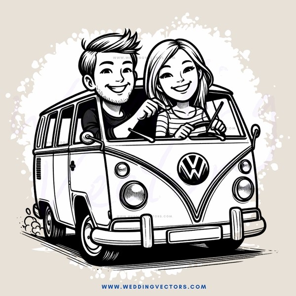 a happy couple on a white volkswagen van