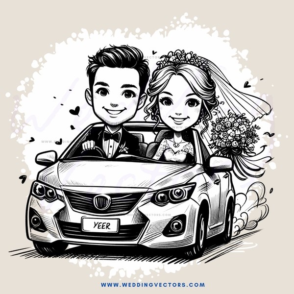 a cartoon illustration of a bride and groom in a car