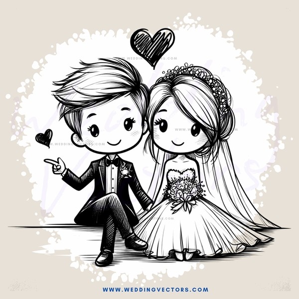 a cartoon picture of boy and girl with wedding dresses