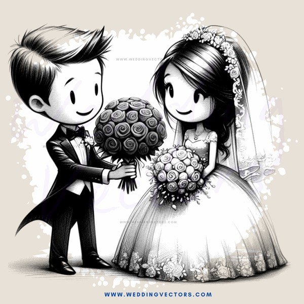 a bride and groom holding flowers