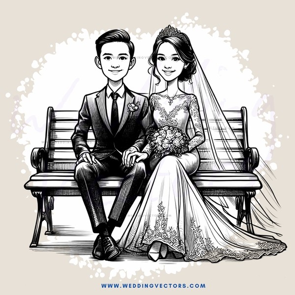 a wedding couple sitting on a bench