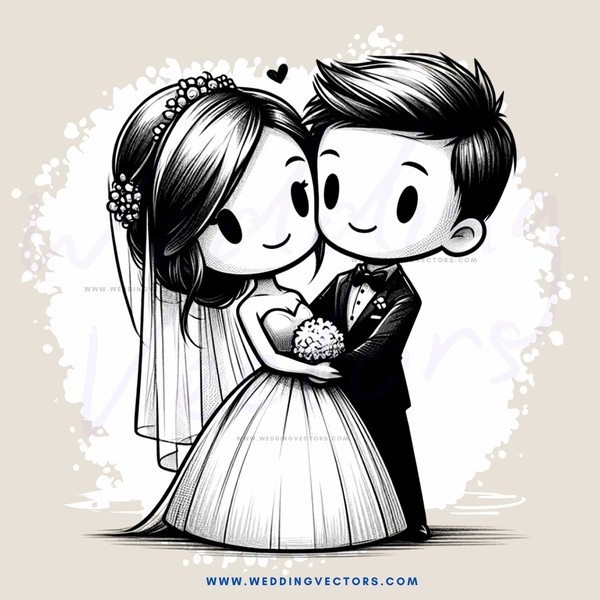 bride and groom hugging in black and white cartoon style