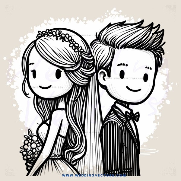wedding portrait of two people in white and black outline