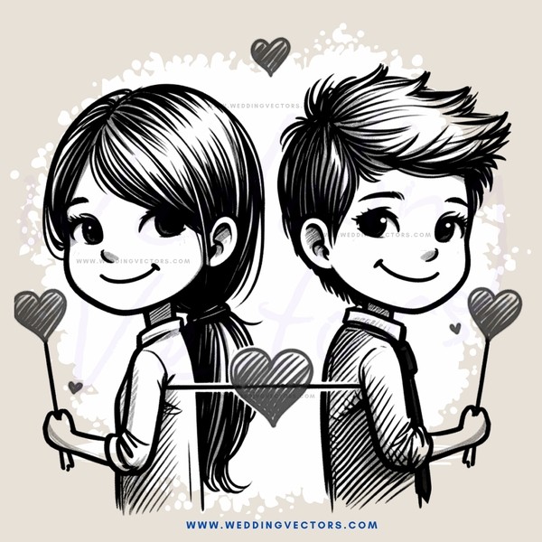 two smiling cartoon people holding hearts