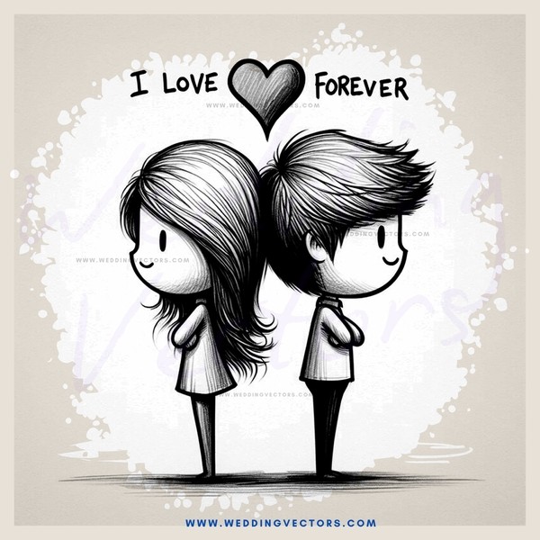 two cartoon characters standing together with heart and "i love forever" message