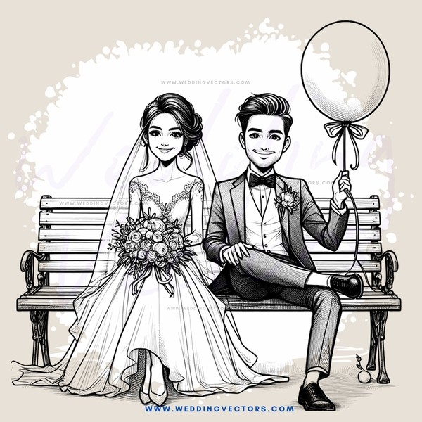 a bride and groom on a bench