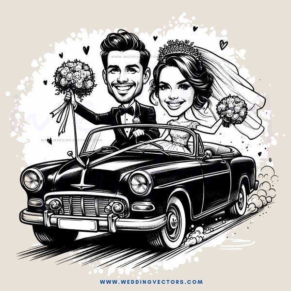 a black and white wedding caricature with bride and groom