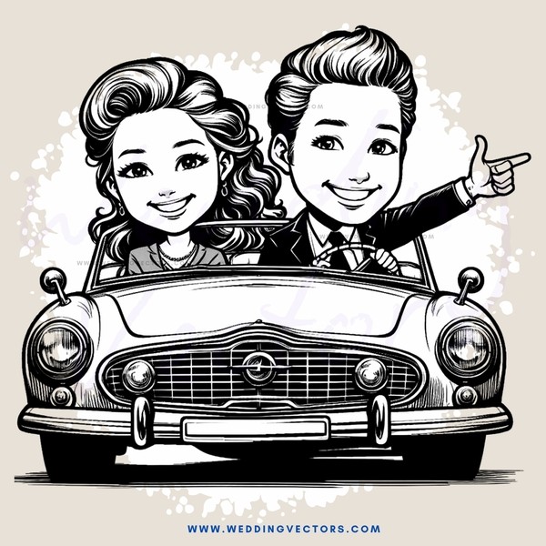 a couple in a vintage car making a gesture with their right hand