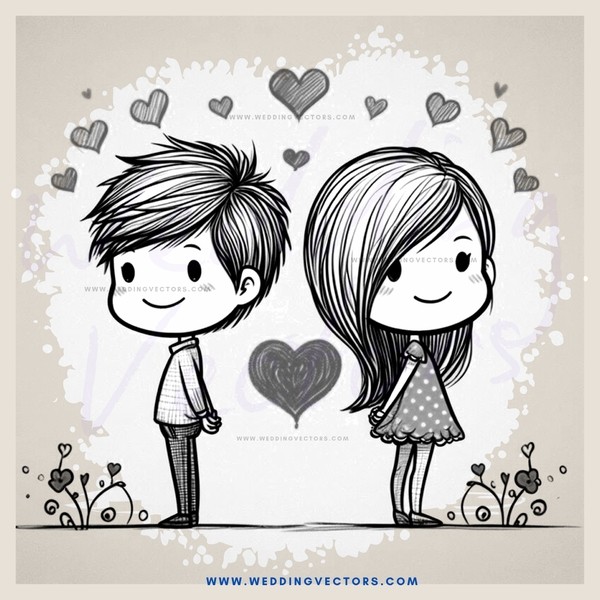 two characters in heart shaped background