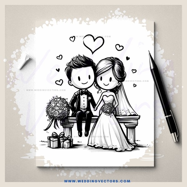 wedding album page with pen and flowers