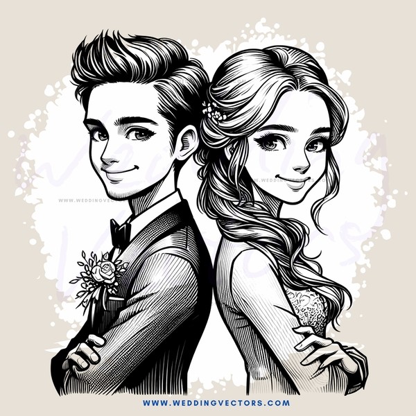 smiling couple in black and white illustration