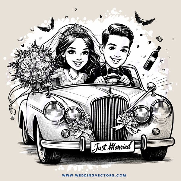 a newlywed cartoon couple rides off in their car