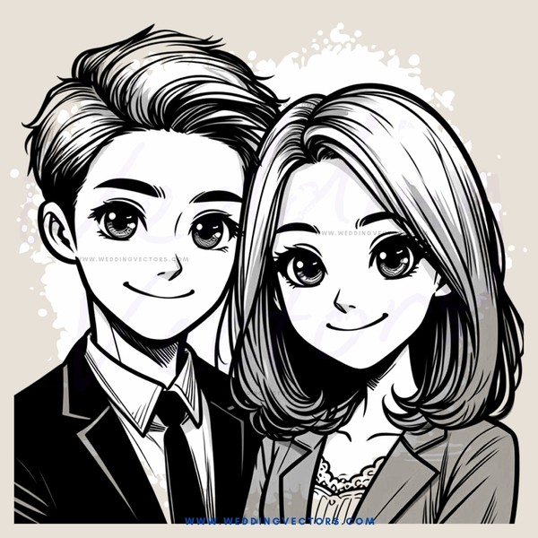 cute couple in black and white cartoon style