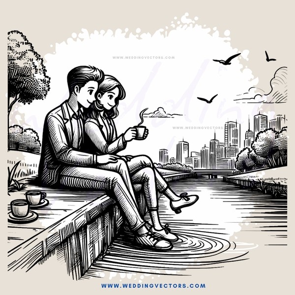 cityscape with couple on bridge over river