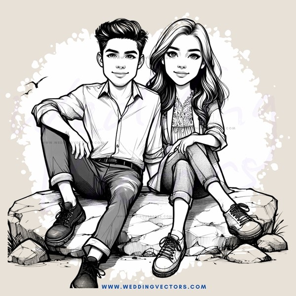 a boy and girl sitting on rocks