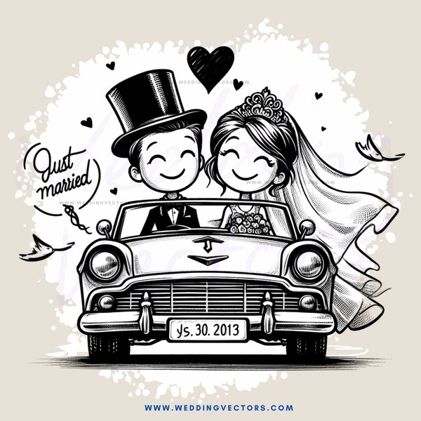 a caricature portrait of a married couple on their special day