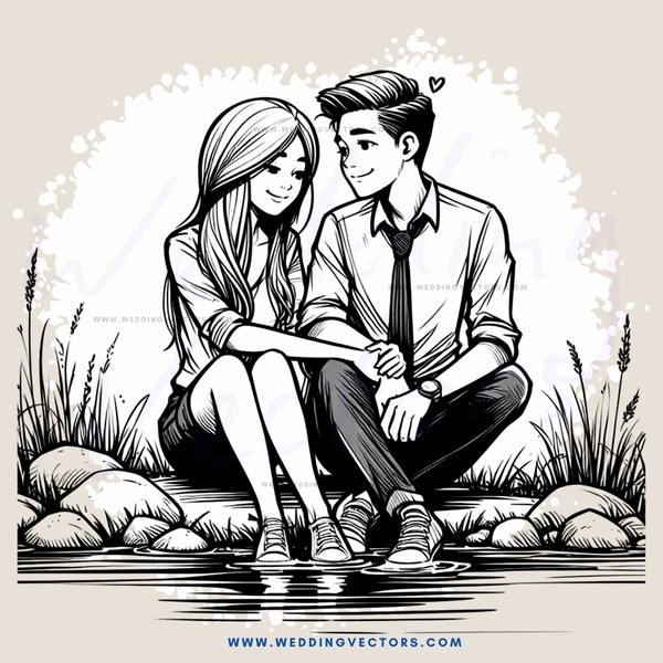 a couple sitting by some rocks with water in the background