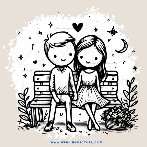 a couple sitting on a bench in front of a potted plant