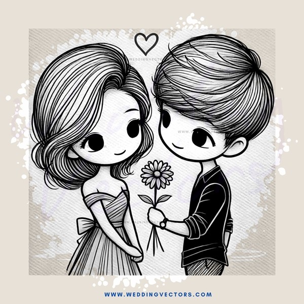 a girl holding a flower and a boy embracing her