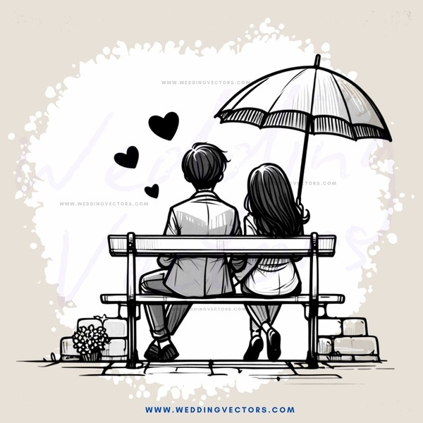 a man and woman sitting on a bench holding an umbrella