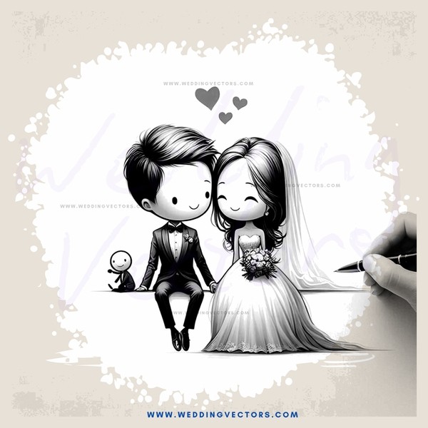 engagement ring and wedding scene with black and white penmanship