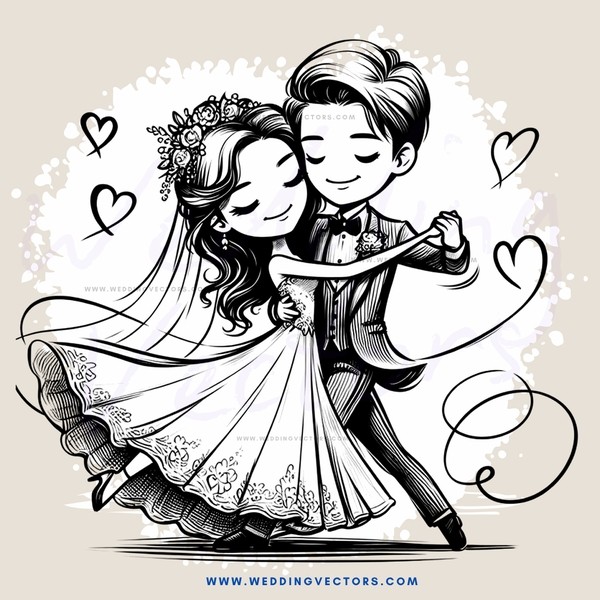 a couple dancing together in wedding attire