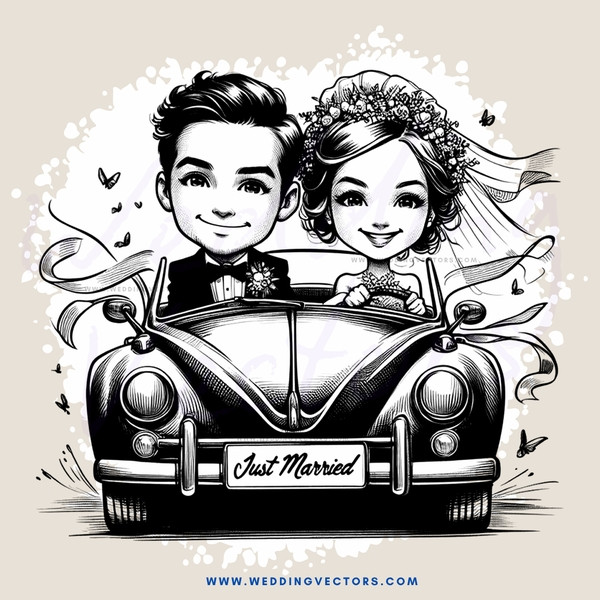 just married caricature drawing in black and white
