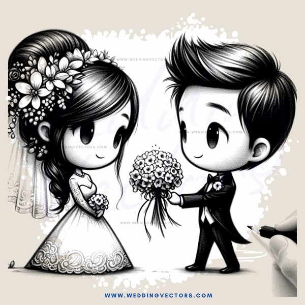 a bride and groom holding flowers