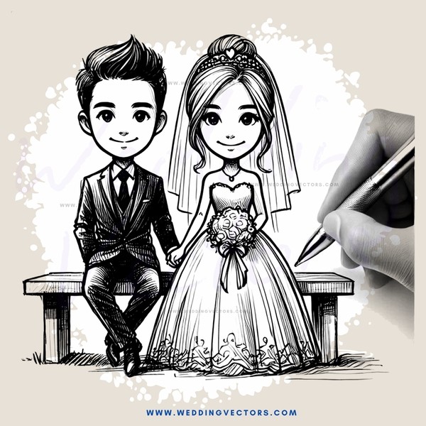 black and white cartoon of a bride and groom sitting on a bench with an ink pen touching their knees