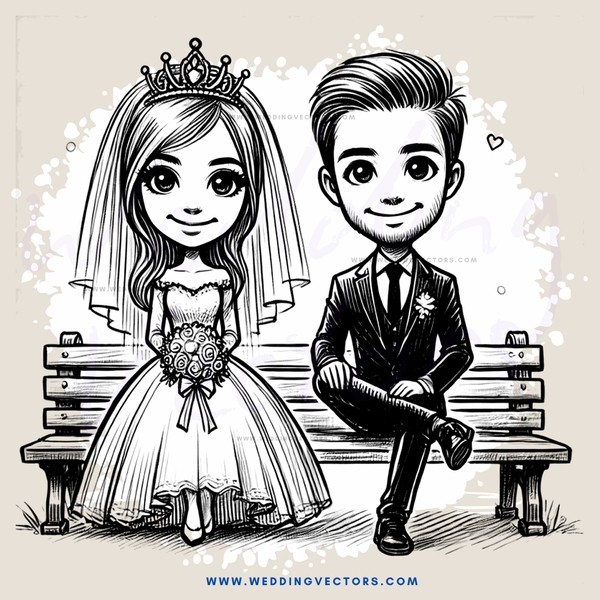 a bride and groom on a bench