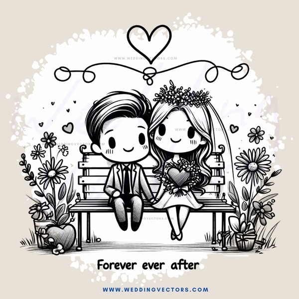 couple on a bench with heart motif and "forever after" at bottom