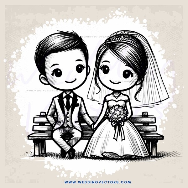 a bride and groom sitting on benches