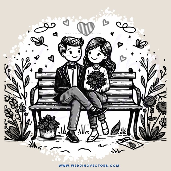 a couple sitting on a bench holding flowers and surrounded by nature