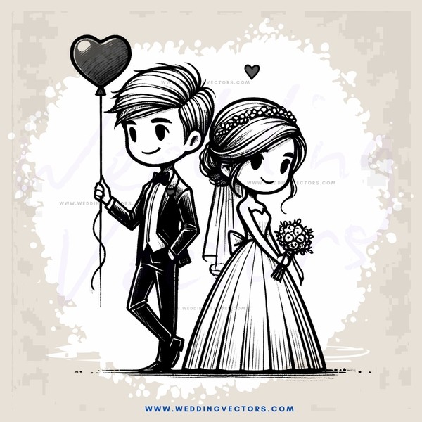 a boy and girl standing together with a heart above their heads