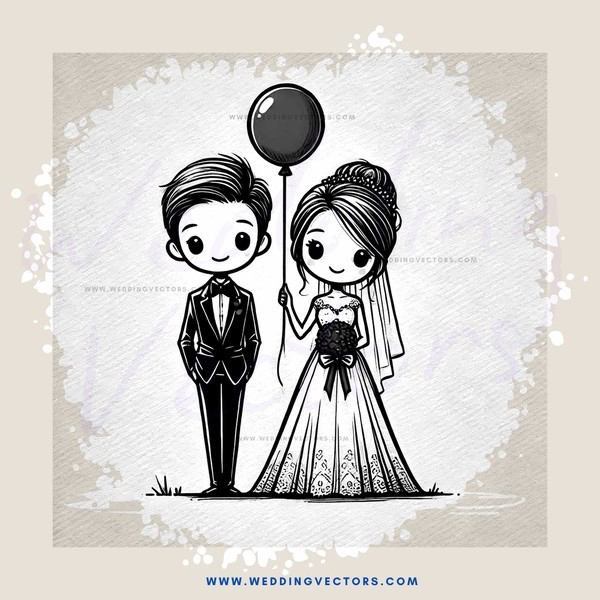 a bride and groom with a balloon