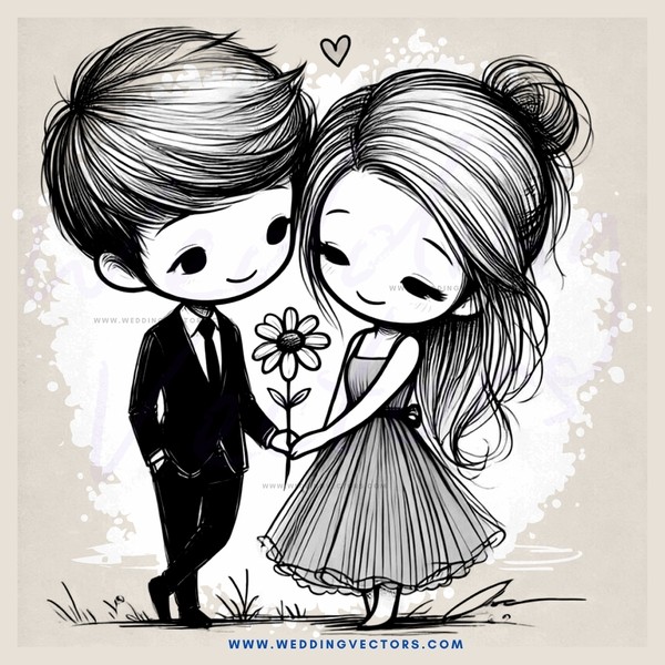 a black and white cartoon of a boy holding a flower with an old woman standing next to him