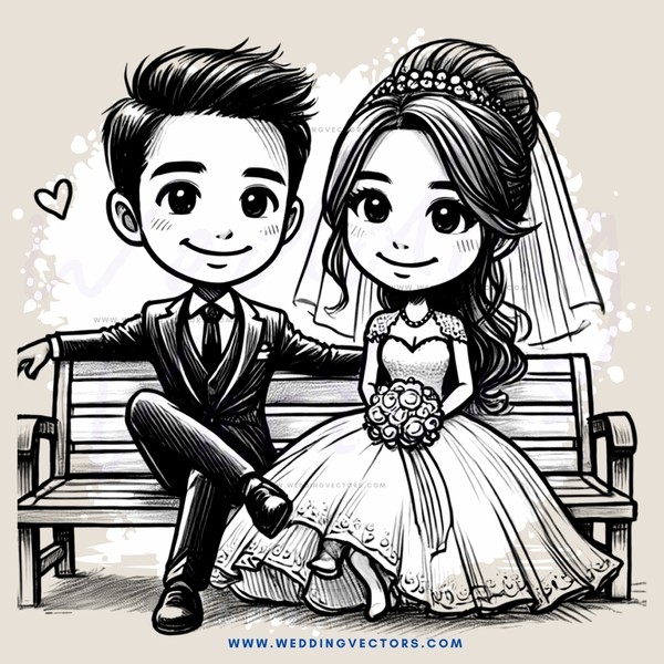 a cartoon wedding scene with man and woman sitting on a bench