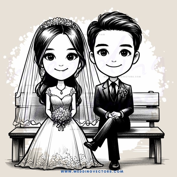 a bride and groom sitting on a bench